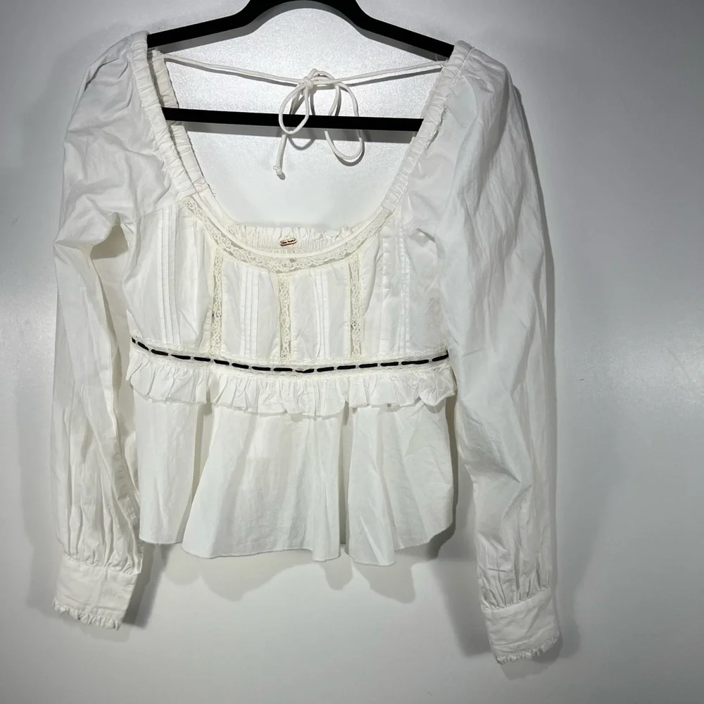 Free People Cathleen White Black Ruffle Long Sleeve Top Sz X-Small